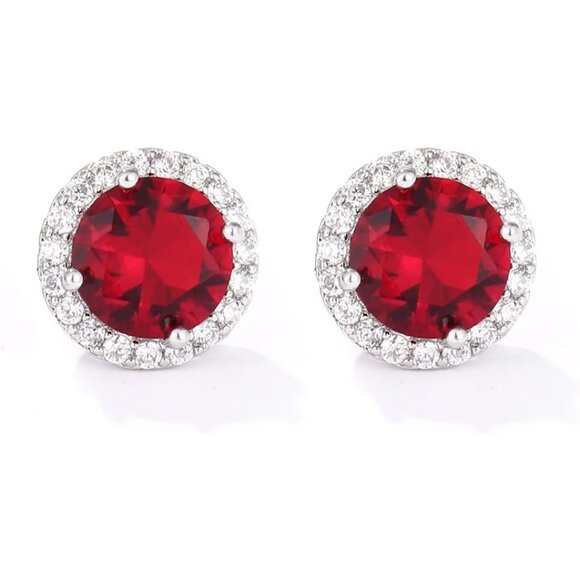 Women's Round Red Birthstone Elegant Mall Dainty Halo Cubic Zirconia Earring - Picture 4 of 6